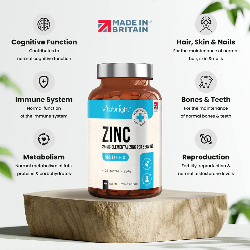 Zinc Tablets High Strength - 25mg Elemental Zinc � 365 Vegan Tablet Pills (1 Year Supply) � Zinc Gluconate - Chelated Zinc Supplements for Immune System, Hair, Skin, Bones, Nails � Made by VitaBright - BeesActive Australia