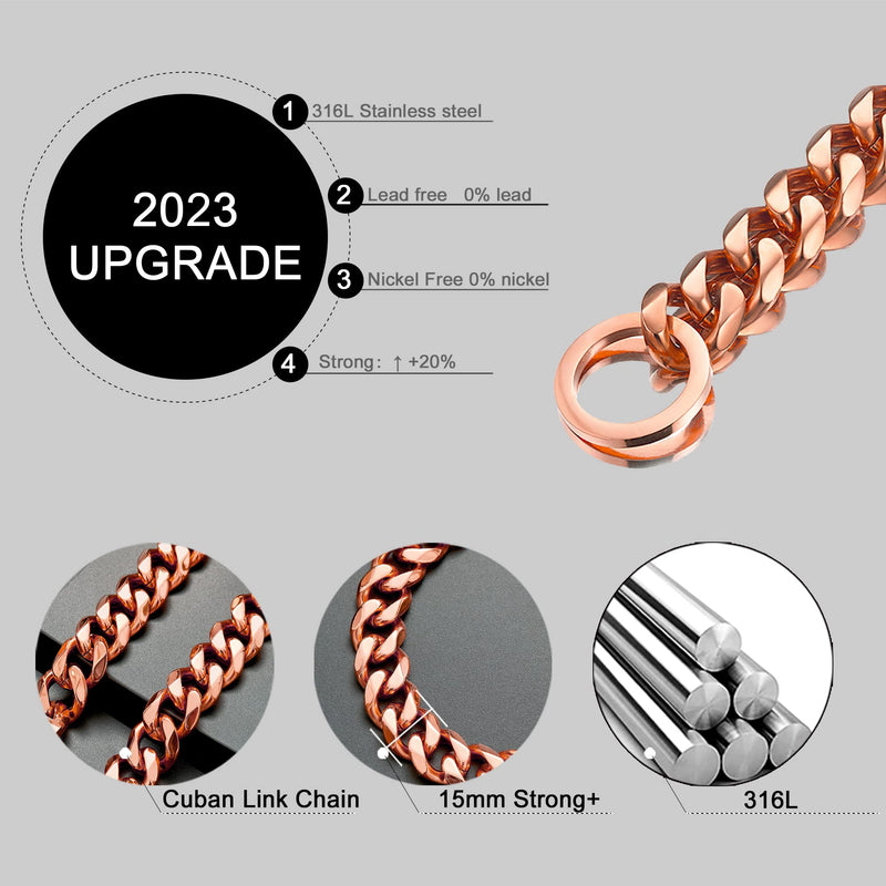 GZMZC Dog Chain Collar High Rose Gold Polished Stainless Steel Cuban Link Strong Heavy Duty Chew Proof Walking Chain Leash Collar for Small Medium Big Dogs 15MM Width 12" - BeesActive Australia