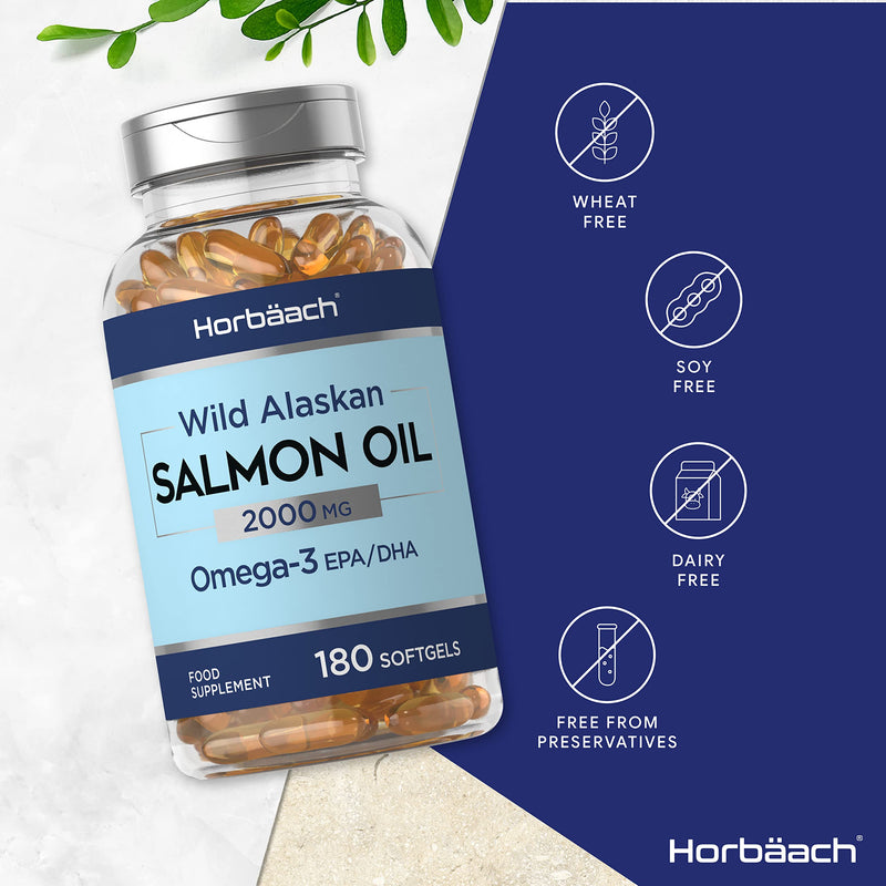 Salmon Oil 2000mg | 180 Softgel Capsules | Omega 3 Fish Supplement for Humans | with EPA/DHA Fatty Acids | Wild Alaskan | by Horbaach - BeesActive Australia