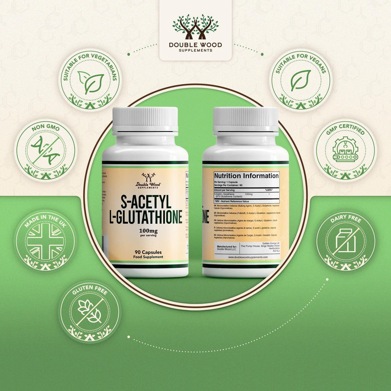 Double Wood Glutathione Supplement | 90 S-Acetyl L-Glutathione Capsules - 100mg per Serving | L Glutathione Antioxidant Supplement | Non-GMO & Gluten Free 90 Capsules - BeesActive Australia