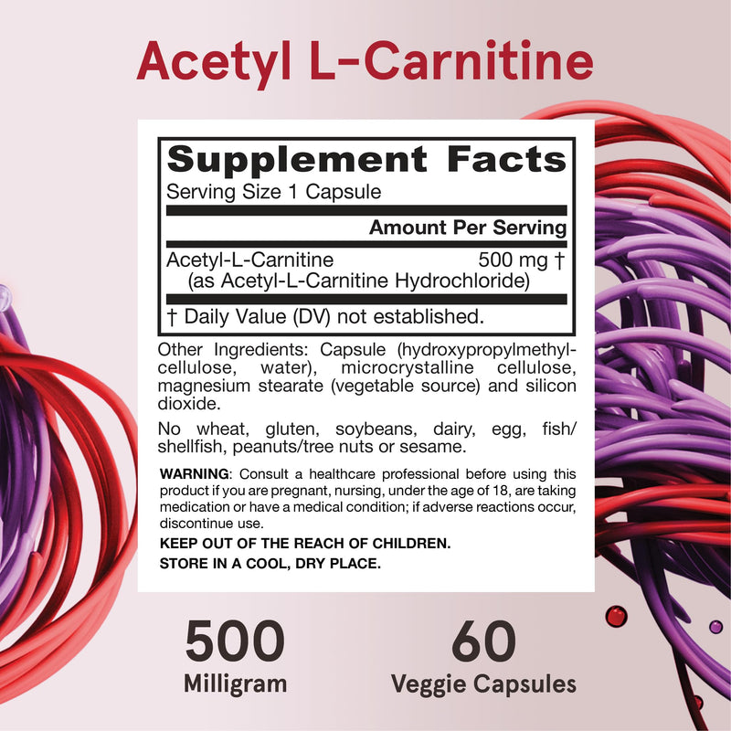 Jarrow Formulas Acetyl L-Carnitine Capsules - 500 mg - 60 Count - for Brain Health & Fatty Acid Metabolism - Vegetable Capsules - Non-GMO - Gluten Free 60 Servings (Pack of 1) - BeesActive Australia