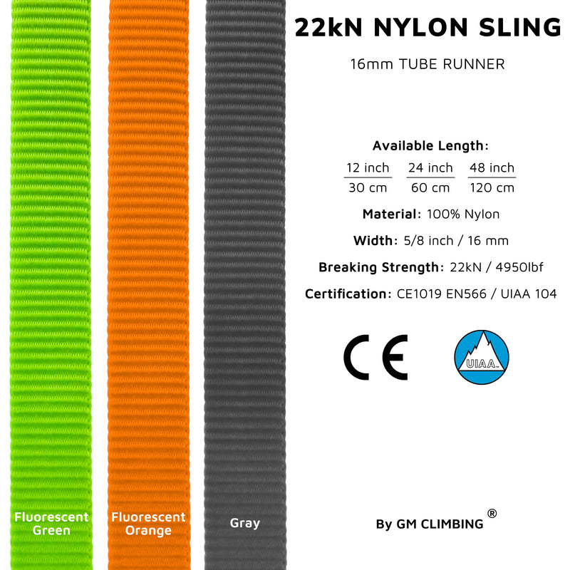 GM CLIMBING 16mm Nylon Sling Runner 22kN / 4950lbf CE UIAA Certified Gray 120cm / 48inch | Single Unit - BeesActive Australia