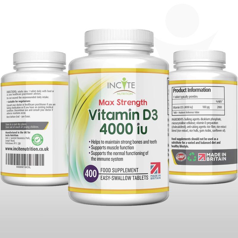 Vitamin D 4000iu - 400 Premium Vitamin D3 Easy-Swallow Micro Tablets - One a Day High Strength Cholecalciferol VIT D3 - Vegetarian Supplement - Made in The UK by Incite Nutrition Vitamin D3 4000iu - BeesActive Australia
