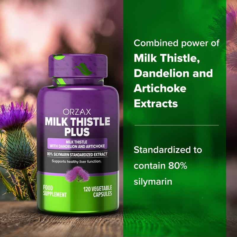 ORZAX Milk Thistle Supplement, Extra Strength Blend Formula, 80% Silymarin with Dandelion and Artichoke, Dairy-Free, 120 Vegetable Capsules - BeesActive Australia