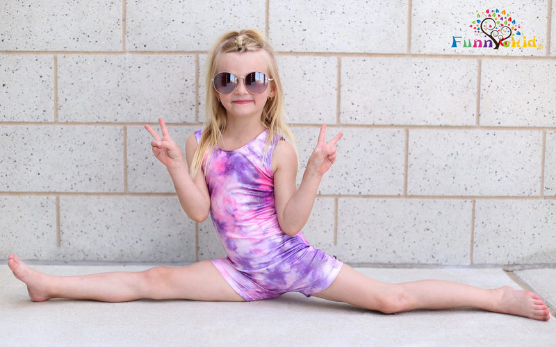 Funnycokid Girls Gymnastics Leotards with Shorts Sparkle Dance Unitards Mermaid Active Biketards 2-10 Years Purple Tie Dye 5-6 Years - BeesActive Australia