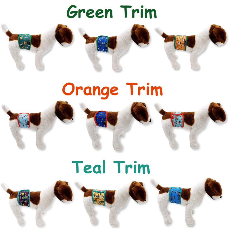 FUNNYDOGCLOTHES Pack of 3 or 9 Dog Belly Band Puppy Diapers Male Boy Belly Wrap Reusable Washable for Small Dog Breeds M: Waist 13" - 15" Pack of 3 - Teal Trim - BeesActive Australia