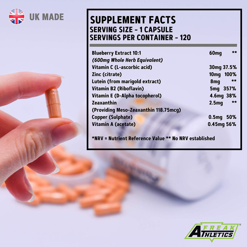 MacuGuard+ Eye Supplement - 120 Capsules - Zeaxanthin, Meso Zeaxanthin, Lutein, Blueberry Extract Plus Vitamins and Minerals - Premium UK Made - BeesActive Australia