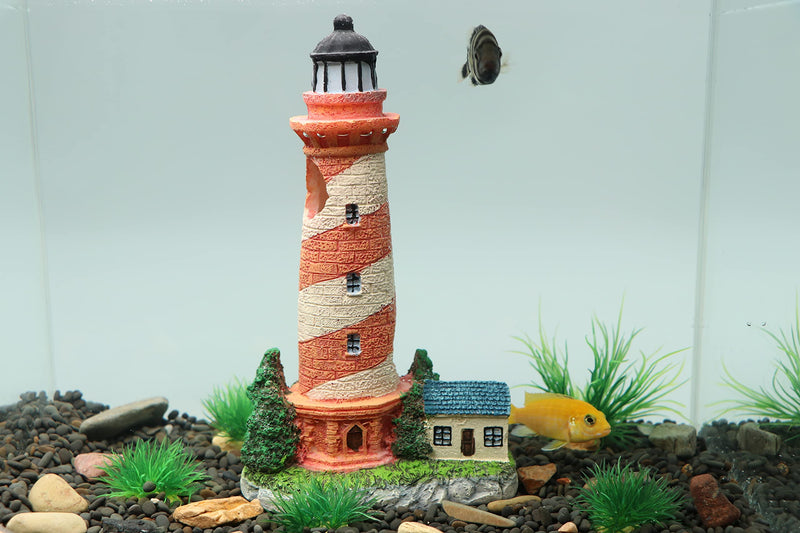 HRRIVE Aquarium Lighthouse Tower Country Style Painted Red and Beige Oblique Bands Fish Hiding Rock for Freshwater Marine Fish Tank Decoration - BeesActive Australia