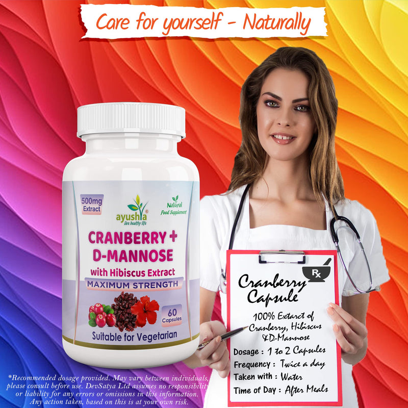 Ayushya Cranberry D-Mannose with Hibiscus Extract Capsules UTI Bladder Support Cystitis,Natural,60 Capsules (Pack of 1) - BeesActive Australia