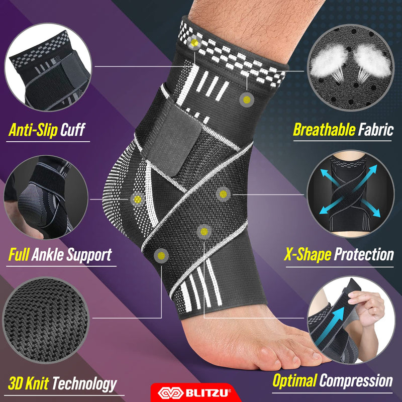 BLITZU Ankle Brace With Adjustable Compression Support Strap for Achilles Tendonitis, Joint Pain Relief. Ankle Wrap for Women & Men. Sprained Ankle & Protectors Sleeve Heel Pain, Foot Arch Black M Medium - BeesActive Australia