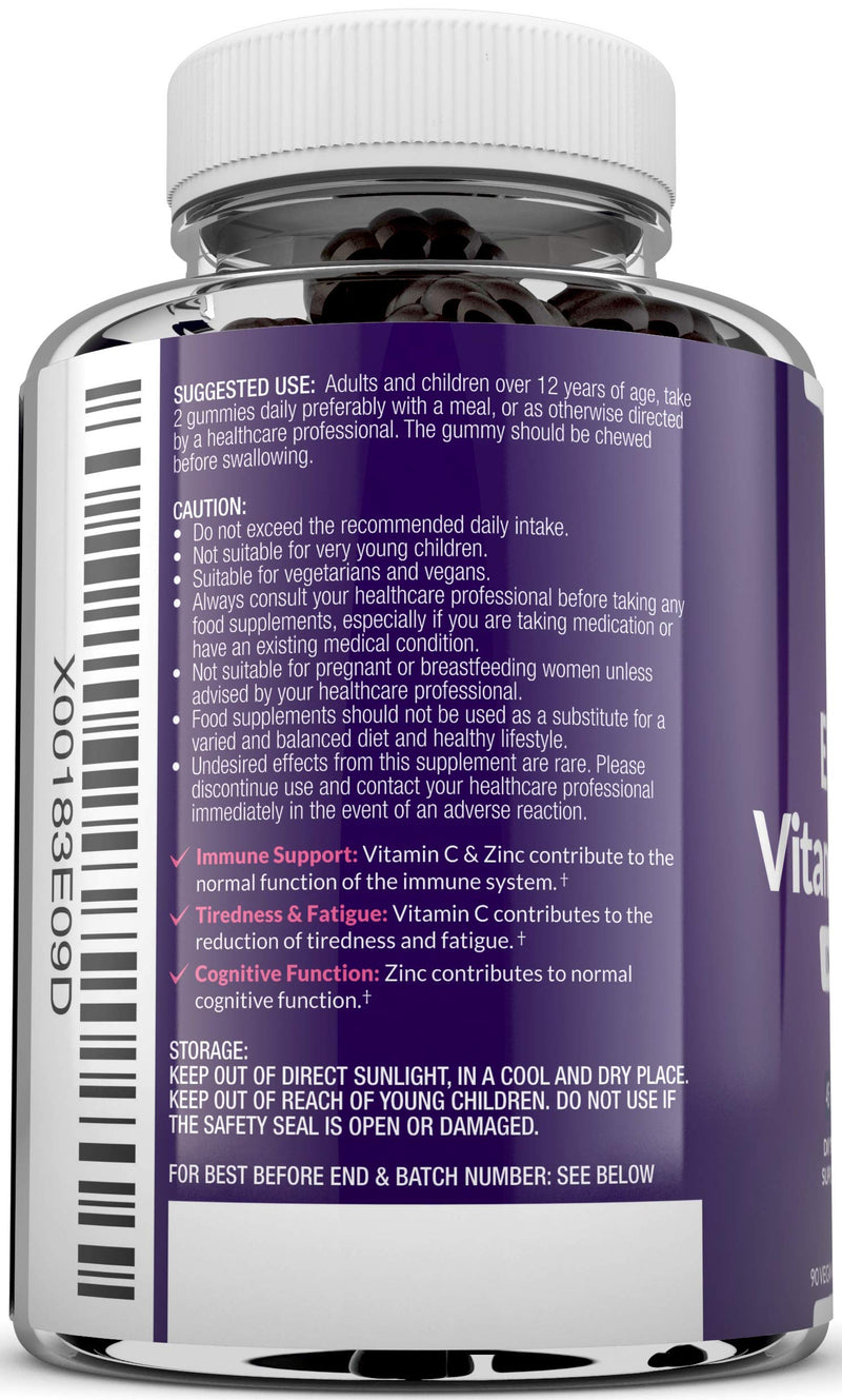 Elderberry Gummies for Adults & Kids - 90 Vegan Gummies with Sambucus Black Elderberry, Vitamin C & Zinc - Blueberry Flavour - Immune System Booster - BeesActive Australia