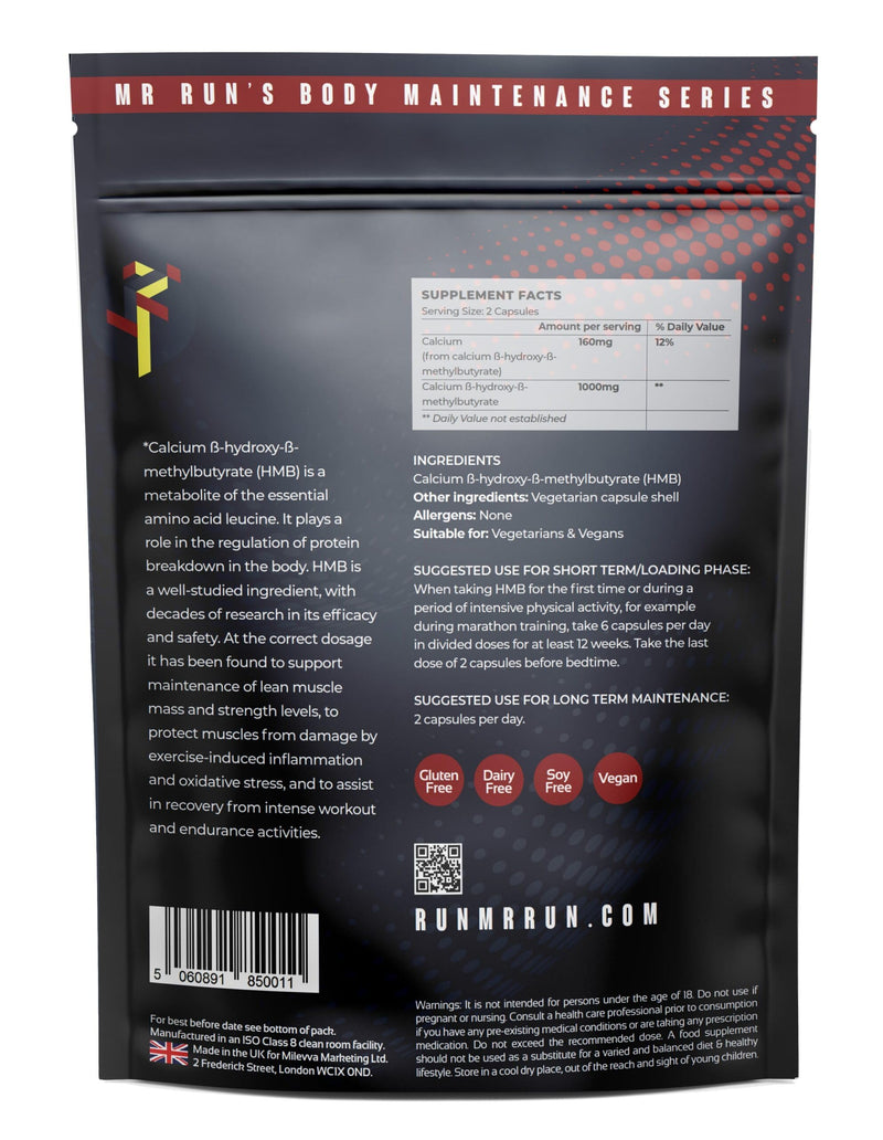 Mr Run's HMB - Supports Muscle Growth & Fitness - 1000mg per Serving - Protect from Muscles Loss During Calorie Cutting, Ageing or Inactivity, Improve Strength & Cardio - 120 Capsules, 60 Servings - BeesActive Australia