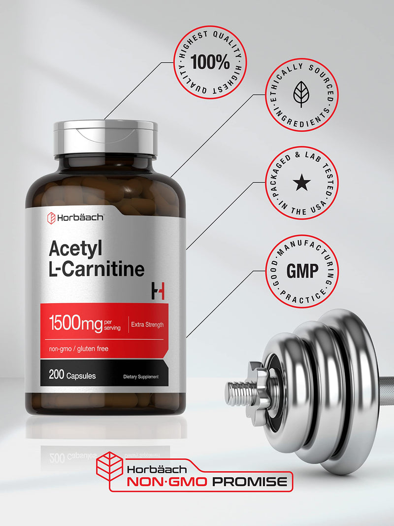 Acetyl L-Carnitine 1500mg | 200 Capsules | Extra Strength ALCAR Supplement | Non-GMO, Gluten Free | by Horbaach - BeesActive Australia