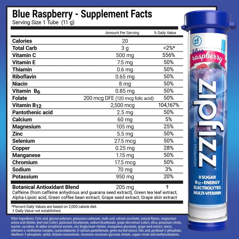 Zipfizz Energy Drink Mix, Electrolyte Hydration Powder with B12 and Multi Vitamin, Blueberry Raspberry (20 Pack) - BeesActive Australia