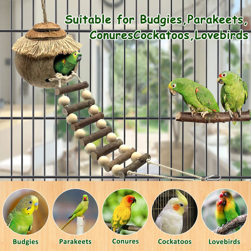 Tfwadmx Hanging Bird House with Ladder Natural Coconut Fiber Birds Nest Coco Shell Hideaway Lovebird Swing Toys Parrot Cage Accessories for Parakeet Finch Parrot Canary - BeesActive Australia