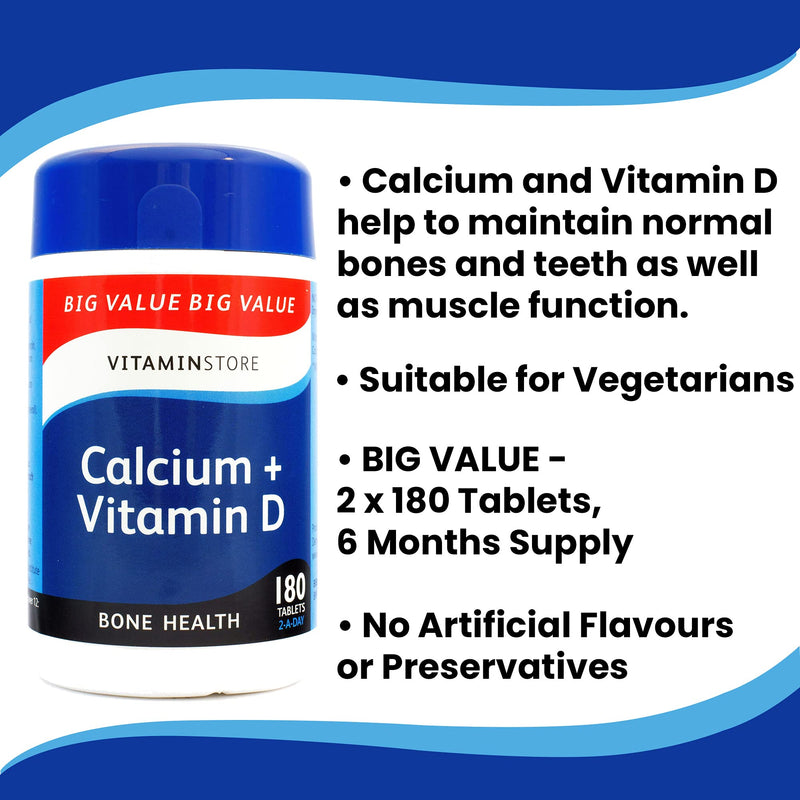 Vitamin Store Calcium + Vitamin D Food Supplement, 180 Tablets per Tub, Pack of 2 Tubs, 6 Months Supply - BeesActive Australia