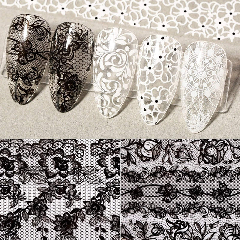 Holographic Nail Foil Transfer Stickers Black White Lace Laser Foils Nail Art Supplies Starry Paper Designs for Acrylic Decorations Women Fingernails Toenails DIY Manicure Wraps Nail Decor（10 Rolls） D - BeesActive Australia