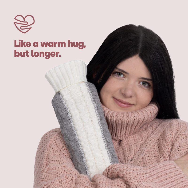 LIVIVO 2L Extra Long Hot Water Bottle with Soft, Removable and Washable Fleece/Knitted/Faux Fur Cover - Giant Size Ideal for Full Body (Twist Knitted Grey/White) Twist Knitted Grey/White - BeesActive Australia