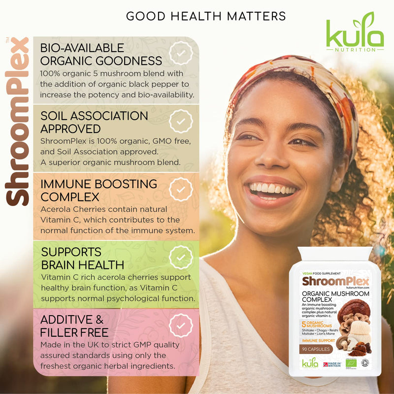 ShroomPlex Organic Mushroom Complex - Immune Boosting Mushroom Blend - 90 High Strength Vegan Capsules with Lions Mane, Shiitake, Chaga, Maitake and Reishi - Plus Organic Black Pepper & Vitamin C 1 Count (Pack of 1) - BeesActive Australia