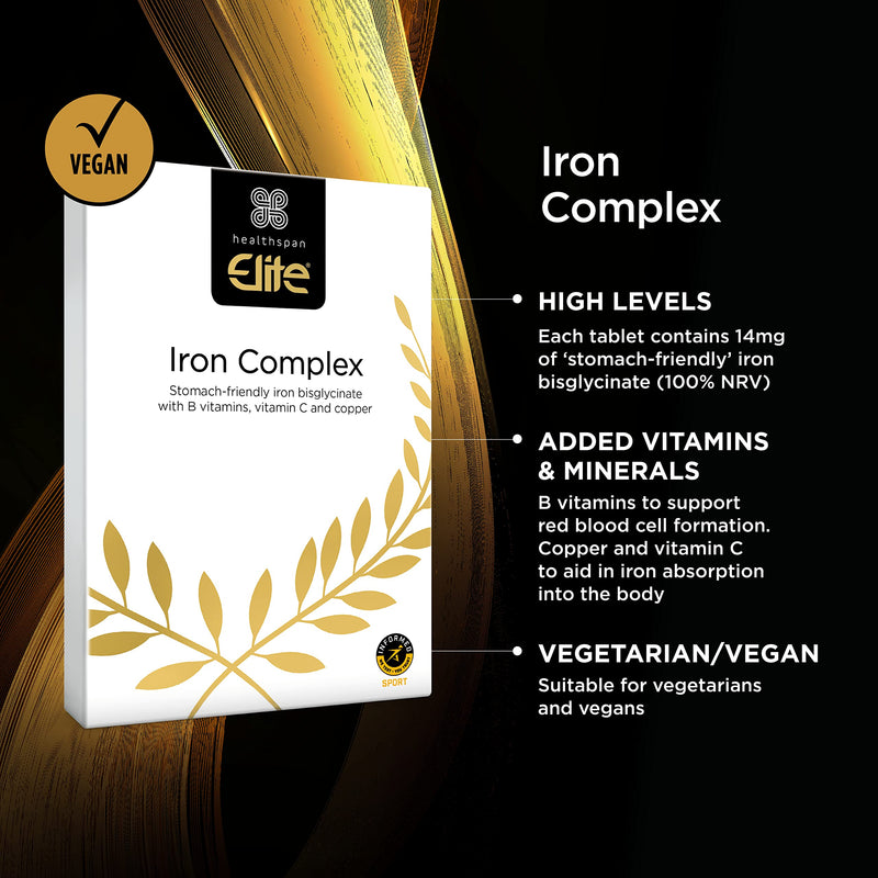 Healthspan Elite Iron Complex 14mg (4 Months� Supply) | Reduce Tiredness & Fatigue | with Copper & Vitamin C to aid Absorption | All Blacks Official Partner | Informed Sport Accredited | Vegan - BeesActive Australia