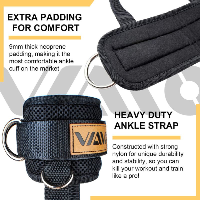 VAIIO Ankle Straps for Cable Machines,Adjustable Comfort fit Neoprene, Reinforce Double D-Ring - Premium Ankle Cuffs to Improve Abdominal Muscles, Lift The Butts, Tone The Legs for Men & Women Black - BeesActive Australia