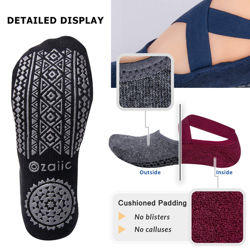 Ozaiic Non Slip Socks for Yoga Pilates Barre Fitness Hospital Socks for Women 4 Pairs - Black/Navy/D.gray/ Burgundy - BeesActive Australia