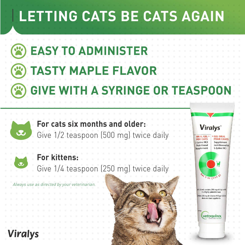 Vetoquinol Viralys Gel L-Lysine Supplement for Cats, 5oz - Cats & Kittens of All Ages - Immune Health - Sneezing, Runny Nose, Squinting, Watery Eyes - Palatable Maple Flavor Lysine Gel 5 oz - BeesActive Australia