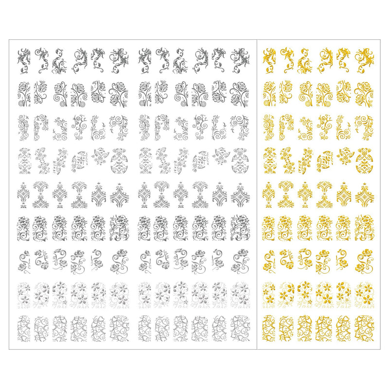 Mudder 216 Pieces 3D Flower Nail Art Stickers Decals Self-adhesive Nail Tips Decorations, 2 Sheet (Silver and Gold) - BeesActive Australia