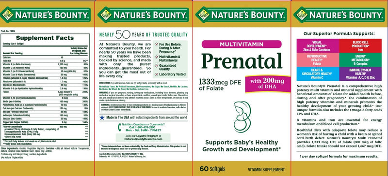 Nature's Bounty Prenatal Multivitamin with 200 mg DHA Softgels, 60 Count - BeesActive Australia