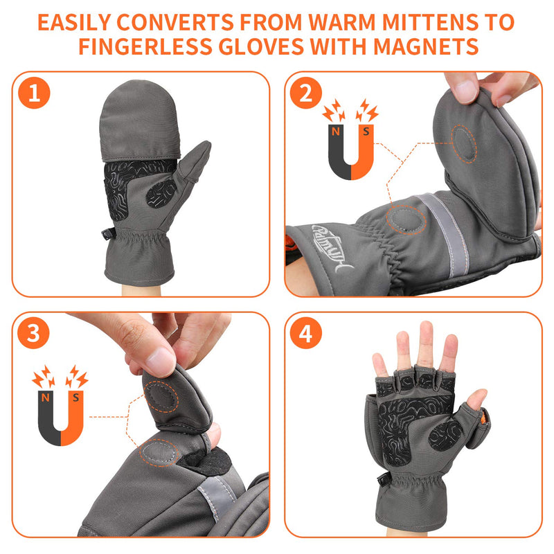 Palmyth Ice Fishing Gloves Convertible Mittens Flip Fingerless Mitt with Thinsulate 3M Warm for Cold Weather and Winter Men Women Photography Running Camera Gray Small - BeesActive Australia