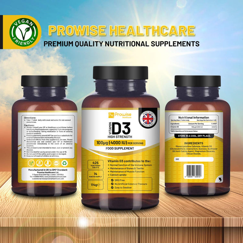 Vitamin D3 4000 IU High Strength I 425 Vegetarian Tablets (14 Months Supply) I Easy Swallow Vitamin D3 Supplement for Immune Support, Calcium Boost, Bone & Muscle I Vitamin D Made in the UK by Prowise - BeesActive Australia