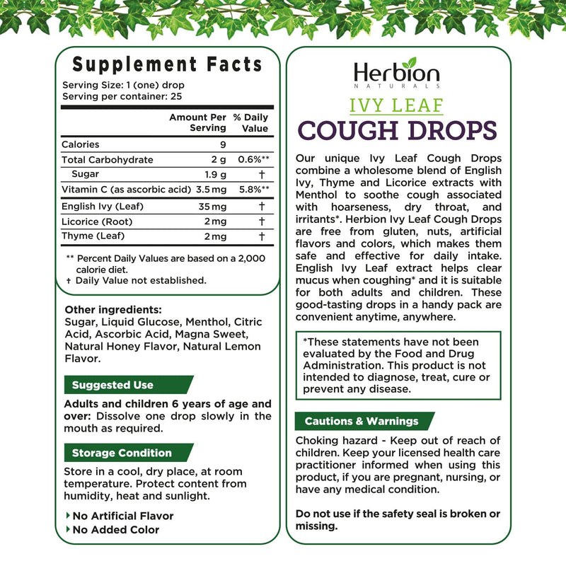 Herbion Naturals Cough Drops with Ivy Leaf and Thyme, Soothes Sore Throat - for Adults and Children 5 Years and Above, 25 Cts - BeesActive Australia