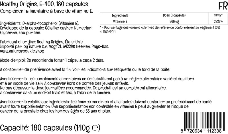 Healthy Origins, Natural Vitamin E, 400IU, 180 Softgels, Lab Tested, Gluten Free, Non-GMO - BeesActive Australia