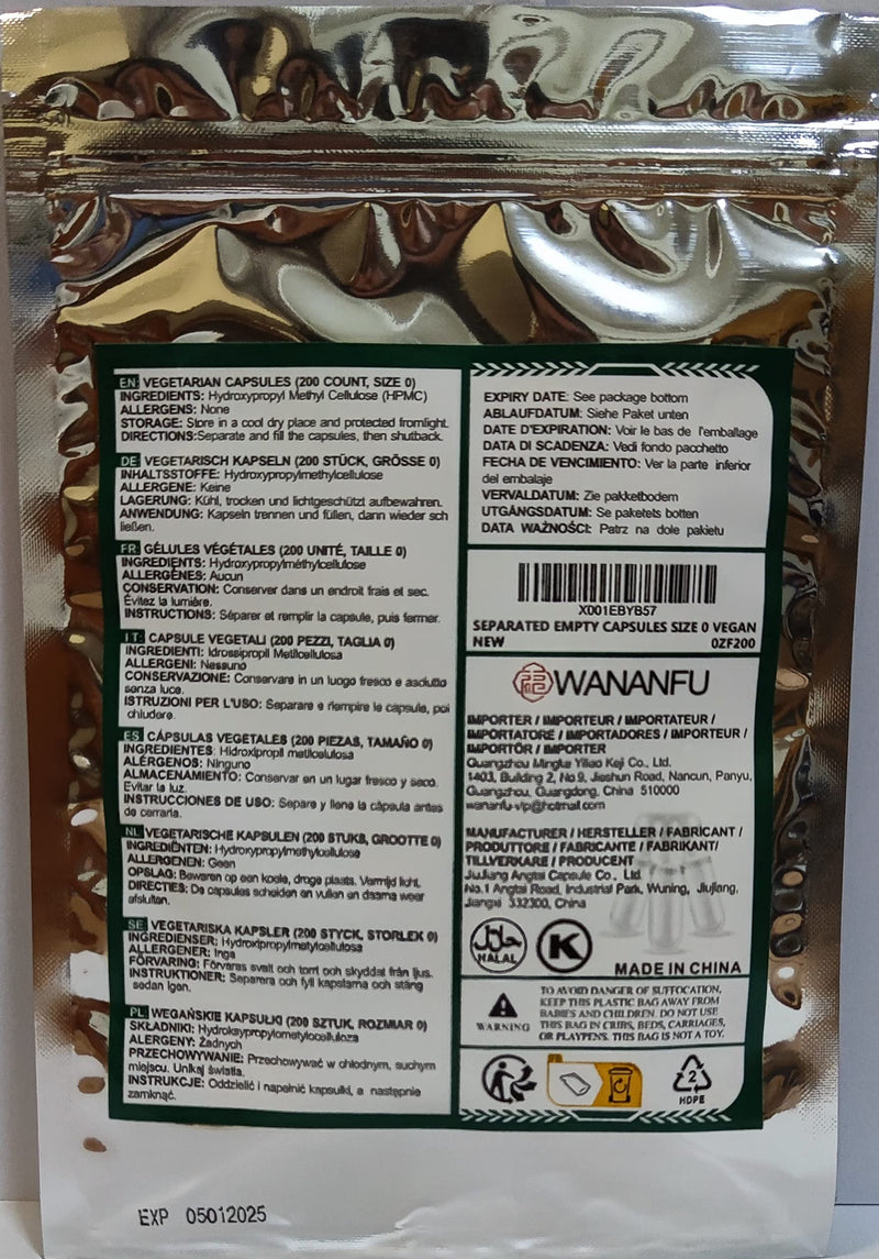 WANANFU Separated Empty Capsules Size 0 Vegetarian (200 Count), Compatible with Capsule Filling Machine 0 200 Count (Pack of 1) - BeesActive Australia
