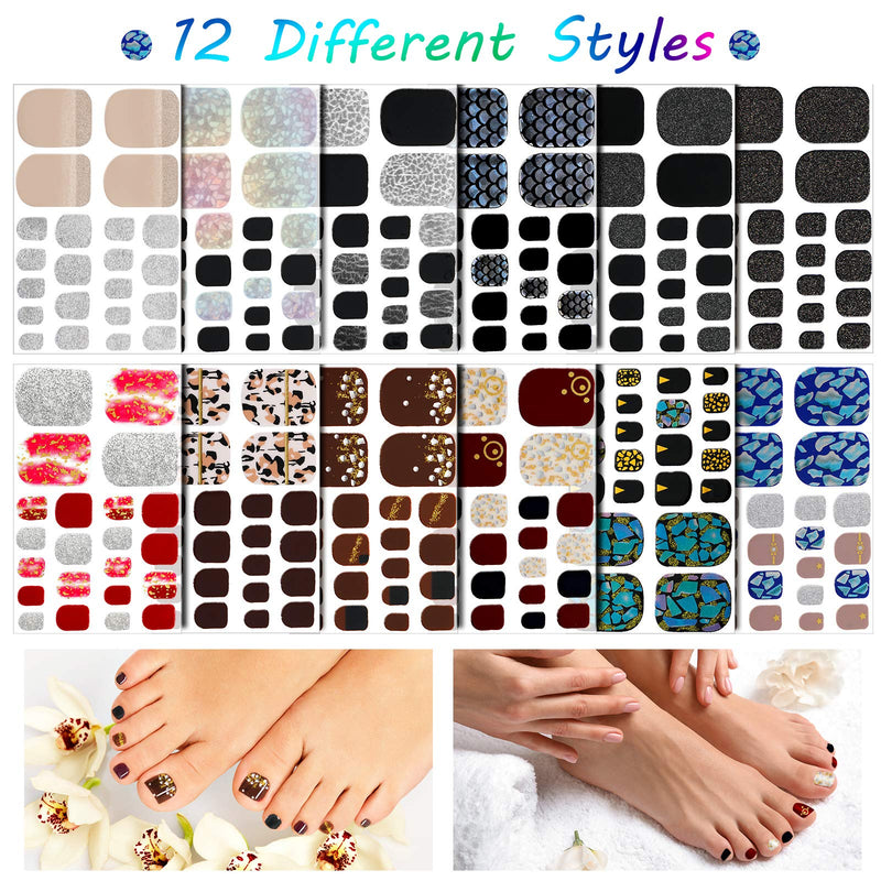 264 Pieces 12 Sheets Full Wraps Toenail Polish Stickers Mermaid Design Toenail Art Polish Stickers Strips Glitter Self-Adhesive Toenail Art Decals with Nail File for Women Girls (Retro Style) Retro - BeesActive Australia