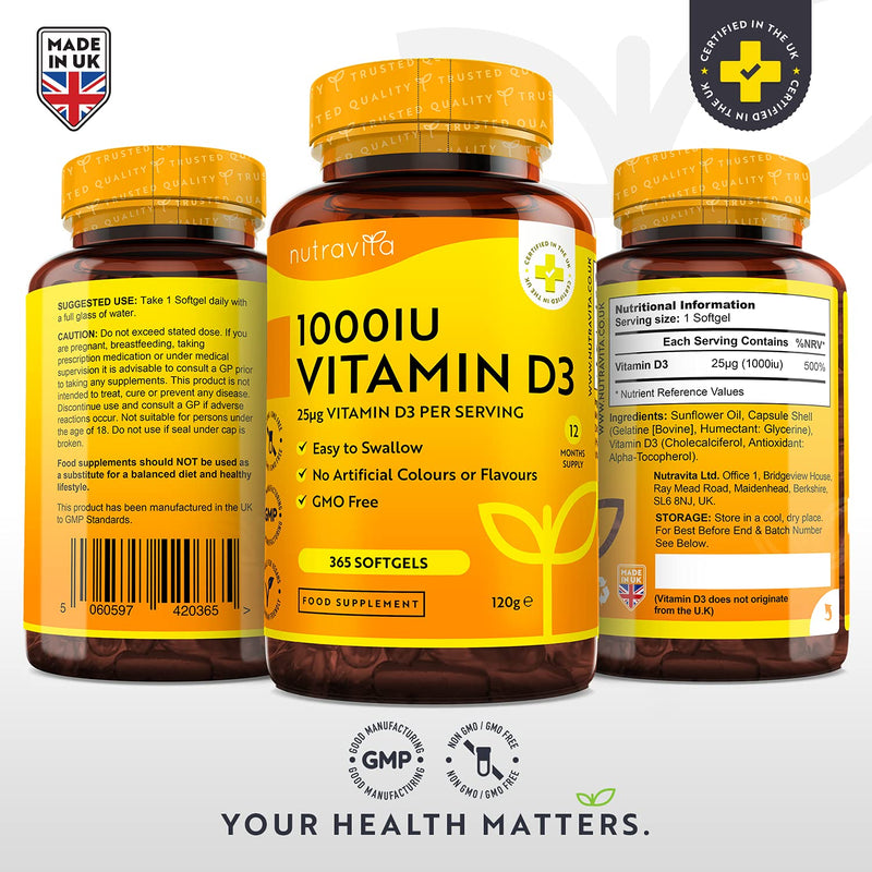 Vitamin D 1000 IU (25?g) � 365 VIT D Softgel Capsules Full Year Supply � for Maintenance of Healthy Immune System, Muscles, Bones & Teeth � Vitamin D3 Cholecalciferol � Made in The UK by Nutravita Non-Vegan - BeesActive Australia