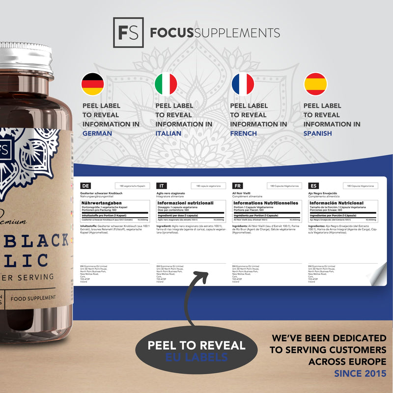 FS Aged Black Garlic Capsules | 180 High Strength Black Garlic Capsules - 10,000mg Garlic Extract per Capsule | Odourless Garlic Supplement | Non-GMO, Gluten & Allergen Free | Manufactured in The UK - BeesActive Australia