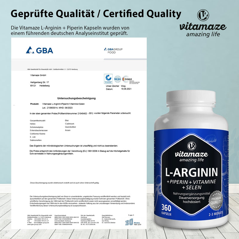 L-Arginine Capsules, Highly Concentrated, 360 Tablets with Vital Formula B6, B12 + Folic Acid + Selenium and Piperine, Organic & Natural Supplement Without Additives - BeesActive Australia