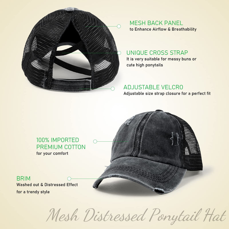 Criss Cross Ponytail Baseball Cap for Women Trucker Hats Mesh Adjustable High Messy Bun Ponycap Washed Distressed Dad Hat Black One Size - BeesActive Australia