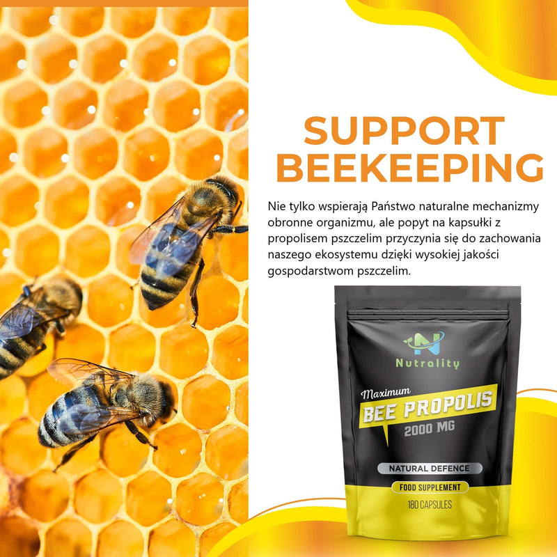 Nutrality Bee Propolis 2000mg - 180 Maximum Strength Capsules (6-Month Serving) - High in Antioxidants for Immune System Support - Natural Antibiotic, 100% Vegetarian, Allergen Free Supplement - BeesActive Australia