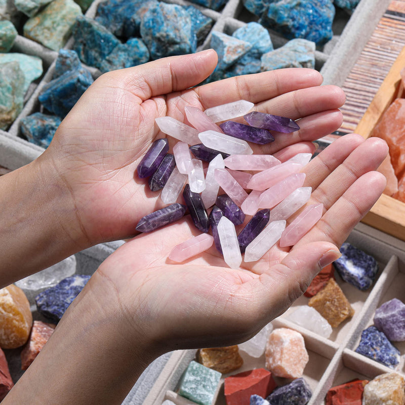 CrystalTears Healing Crystal Wands Hexagonal Natural Amethyst Rose Quartz Clear Quartz Reiki Healing Crystals Points Gemstone Wand Set for Meditation Crystal Therapy Christmas Gift Amethyst+rose Quartz+clear Quartz - BeesActive Australia