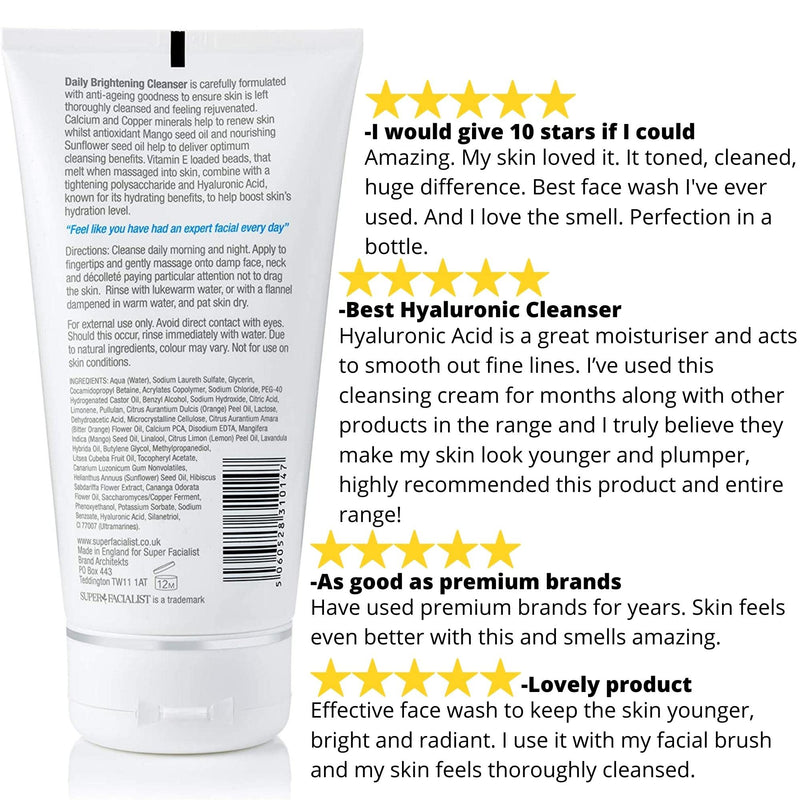 Super Facialist Hyaluronic Acid Firming Daily Brightening Cleanser, with Moisturising Vitamin E Beads and Mango Seed Oil, Vegan Friendly, 150 ml - BeesActive Australia