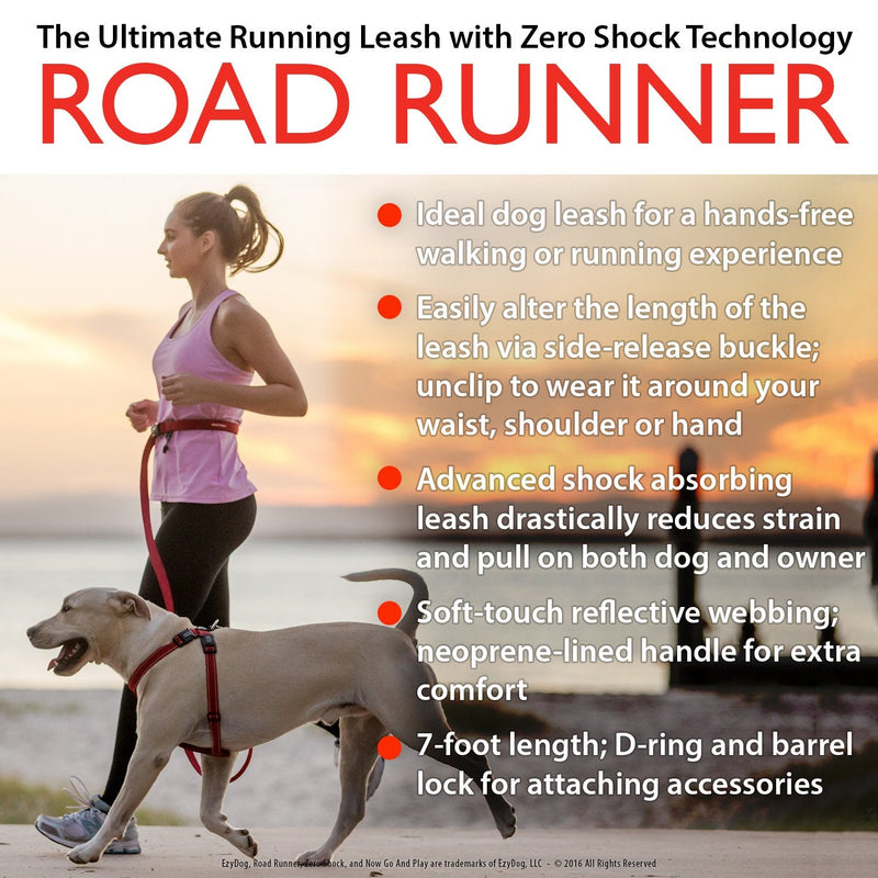 EzyDog Road Runner Hands Free Walking, Jogging, and Running Zero Shock Bungee Dog Leash with Reflective Stitching and Adjustable Waist Belt Red - BeesActive Australia