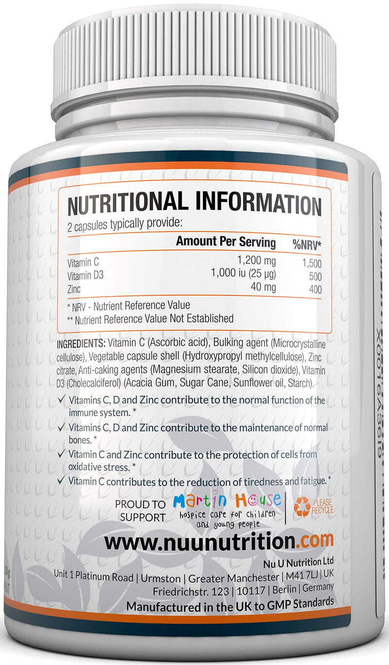 Immune Support - Vitamin C 1200mg and Zinc 40mg & Vitamin D3 1000IU - 180 Vegetarian Capsules - 3 Month Supply - Made in The UK by Nu U Nutrition - BeesActive Australia