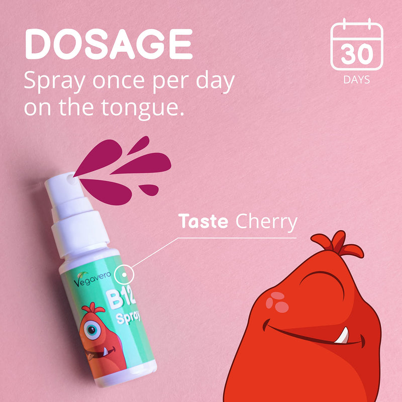 Vitamin B12 for Kids Spray Vegavero� | Natural Cherry Flavour | NO Additives | Children�s B12 Methylcobalamin & Cyanocobalamin | with Natural Xylitol | Over 4 Months Supply | 125 Sprays | Vegan - BeesActive Australia