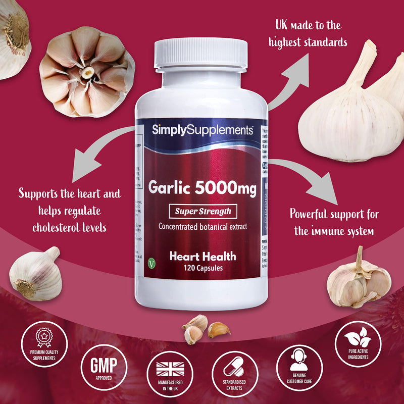 Garlic Capsules 5000mg | Vegan & Vegetarian Friendly | 120 Capsules = Up to 4 Month Supply | High Strength Odourless Garlic Supplement for Healthy Heart & Circulation | Manufactured in The UK 120 Count (Pack of 1) - BeesActive Australia