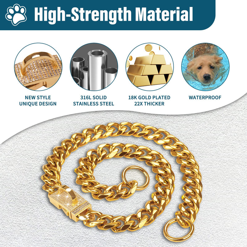 Gold Dog Chain Collar, Singda 18K Cuban Link Chain with Safety Buckle Lock, Strong Stainless Steel Metal Links, Walking Training Collars Necklace for Puppy Small Medium Large Dogs S (Adjustable Size of 10"-16") - BeesActive Australia