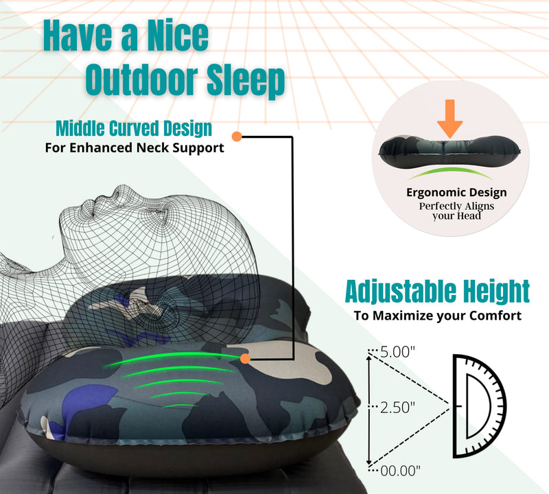 CAMPWAY Ultralight Inflatable Camping and Travel Pillow - Compact, Compressible Air Pillow for Neck and Back Support - Pillow for Camping, Hiking and Backpacking Camouflage 1 - BeesActive Australia