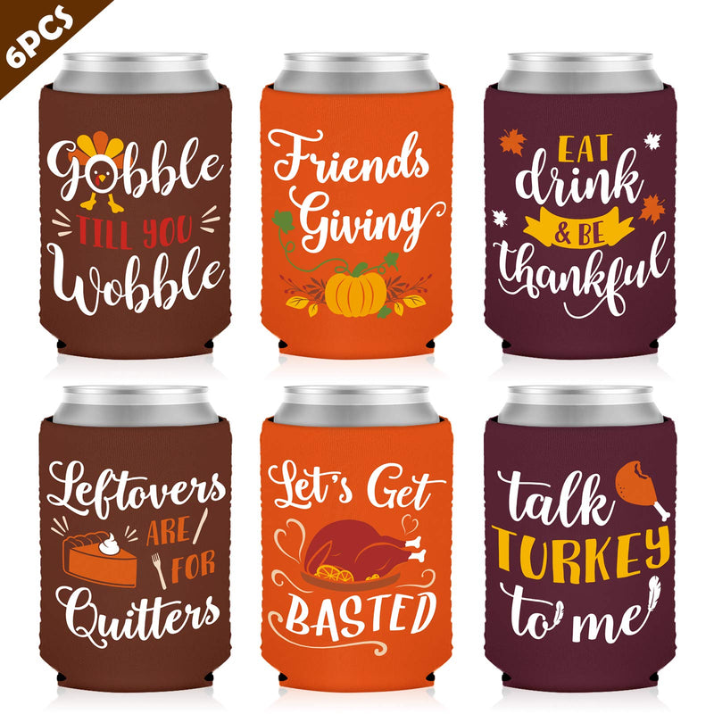 6PCS Friendsgiving Decorations Can Cooler Friends Gathering Beer Neoprene Can Sleeve Thanksgiving Fall Party Decor Potluck Dinner for Soda Beer Beverage Thankful Feast Party Supplies 6 - BeesActive Australia