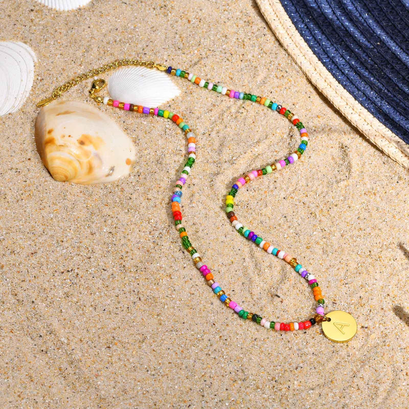 MPRAINBOW Colorful Beaded Initial Necklaces - Handmade Layered Gold Choker Summer Boho Letter Necklace Jewelry for Women Teen Girls Sister Friends,Beach Surfer Necklace Holiday Birthday Gift for Her A - BeesActive Australia